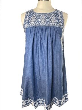 Cotton Denim Embroidered Sleeveless Tunic Dress
